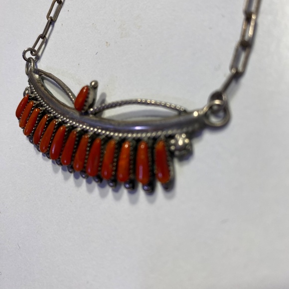 Coral Needlepoint Zuni Silver Necklace - Picture 3 of 6